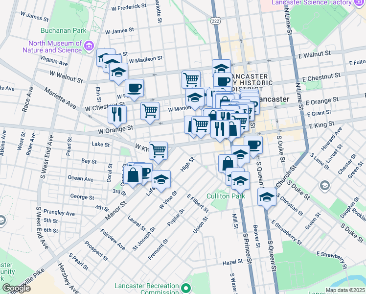 map of restaurants, bars, coffee shops, grocery stores, and more near 429 Lafayette Street in Lancaster