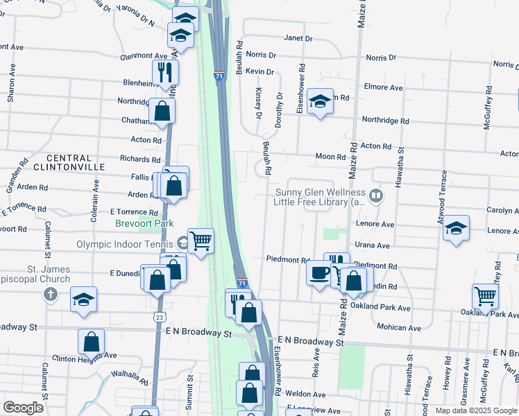 map of restaurants, bars, coffee shops, grocery stores, and more near 3507 Beulah Road in Columbus