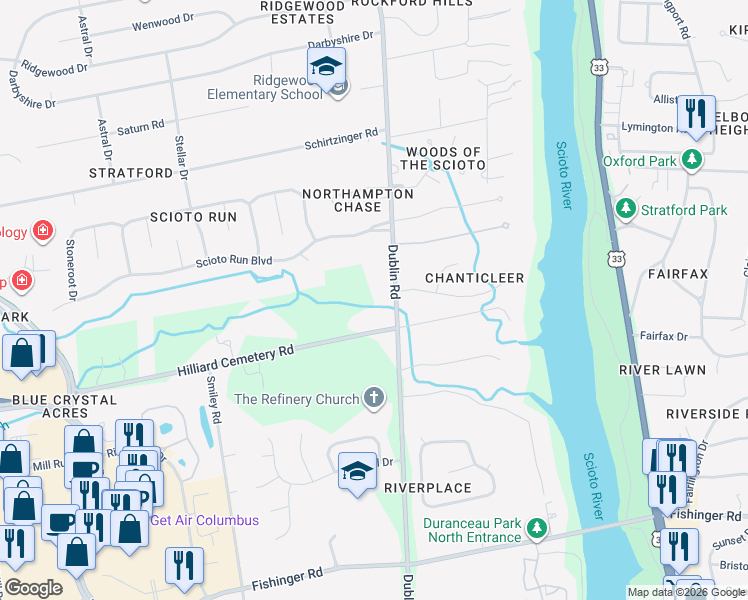 map of restaurants, bars, coffee shops, grocery stores, and more near 3200 Hilliard Cemetery Road in Hilliard
