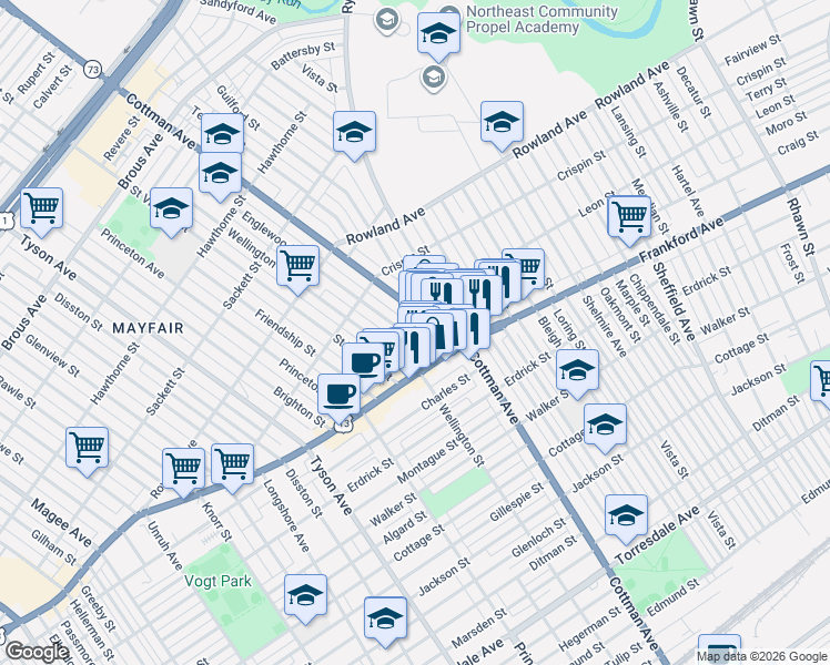 map of restaurants, bars, coffee shops, grocery stores, and more near 3515 Englewood Street in Philadelphia