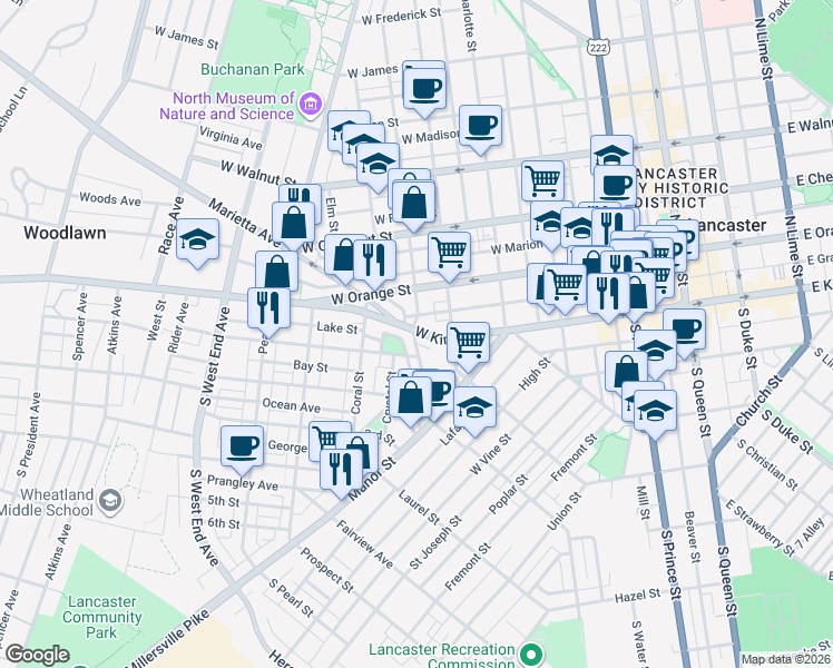 map of restaurants, bars, coffee shops, grocery stores, and more near 544 West King Street in Lancaster