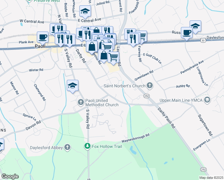 map of restaurants, bars, coffee shops, grocery stores, and more near 337 Paoli Woods Drive in Paoli