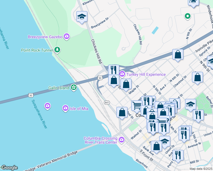 map of restaurants, bars, coffee shops, grocery stores, and more near 545 North 2nd Street in Columbia