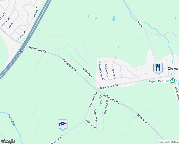 map of restaurants, bars, coffee shops, grocery stores, and more near 116 Milky Way in Shippensburg