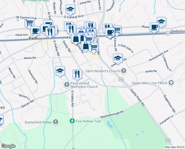 map of restaurants, bars, coffee shops, grocery stores, and more near 337 Paoli Woods Drive in Paoli