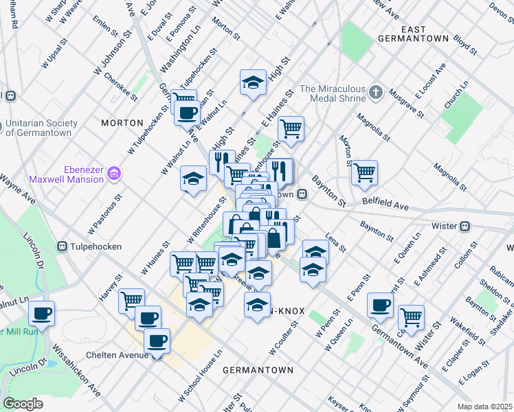 map of restaurants, bars, coffee shops, grocery stores, and more near 5046 Copley Road in Philadelphia