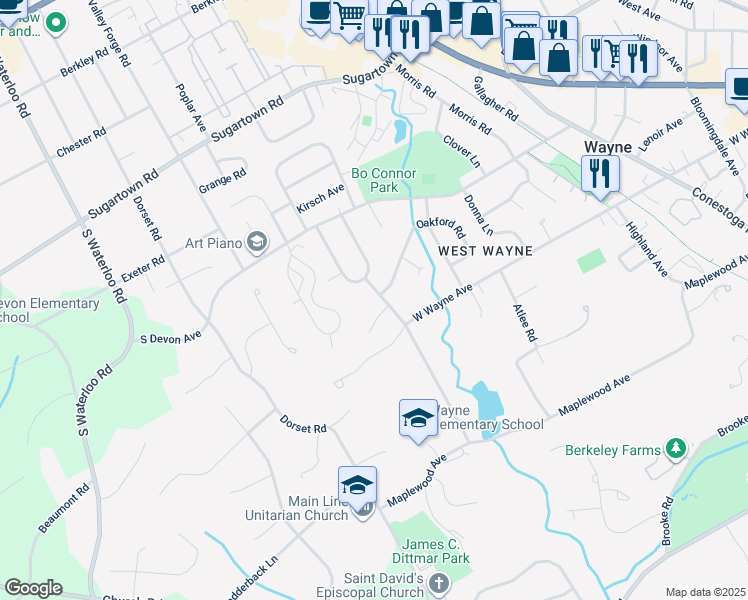 map of restaurants, bars, coffee shops, grocery stores, and more near 511 Crestview Road in Wayne