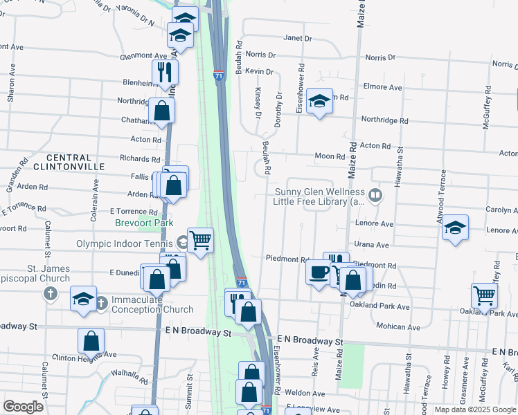 map of restaurants, bars, coffee shops, grocery stores, and more near 3541 Beulah Road in Columbus