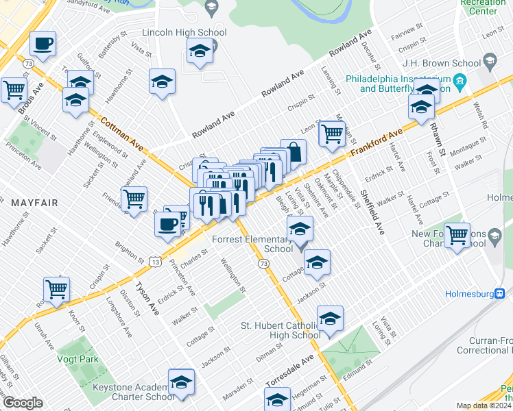 map of restaurants, bars, coffee shops, grocery stores, and more near 4007 Aldine Street in Philadelphia