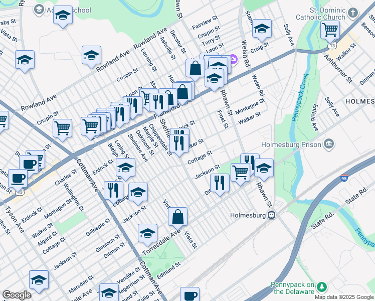 map of restaurants, bars, coffee shops, grocery stores, and more near 7727 Walker Street in Philadelphia