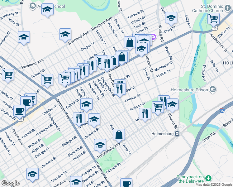 map of restaurants, bars, coffee shops, grocery stores, and more near 4314 Sheffield St in Philadelphia