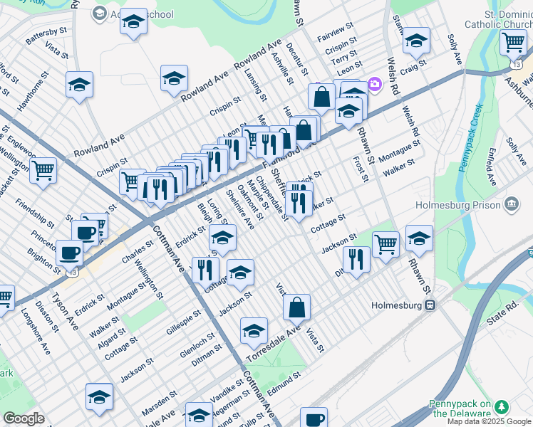 map of restaurants, bars, coffee shops, grocery stores, and more near 4242 Marple Street in Philadelphia