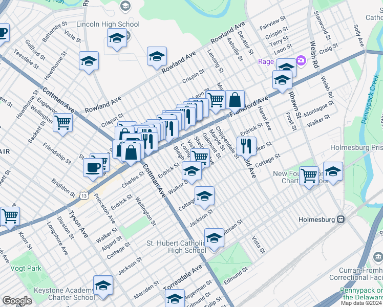 map of restaurants, bars, coffee shops, grocery stores, and more near 4041 Loring Street in Philadelphia
