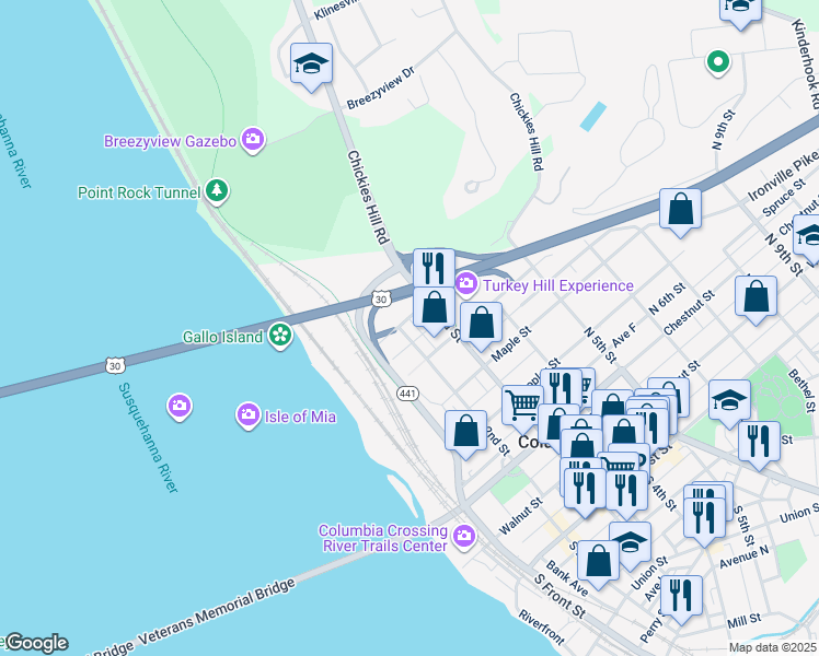 map of restaurants, bars, coffee shops, grocery stores, and more near 543 North 2nd Street in Columbia