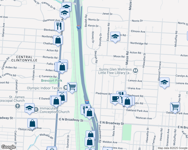 map of restaurants, bars, coffee shops, grocery stores, and more near 3541 Beulah Road in Columbus
