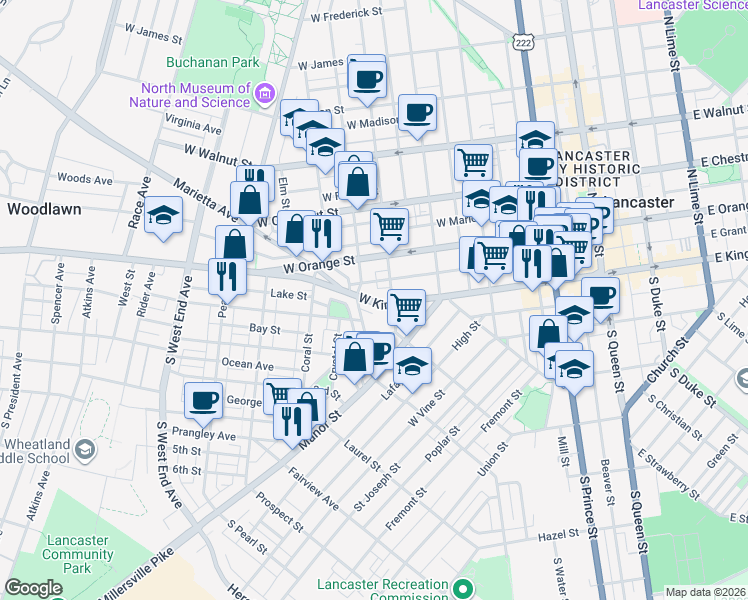 map of restaurants, bars, coffee shops, grocery stores, and more near 525 West King Street in Lancaster