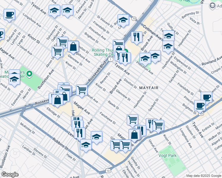 map of restaurants, bars, coffee shops, grocery stores, and more near 2900 Knorr Street in Philadelphia