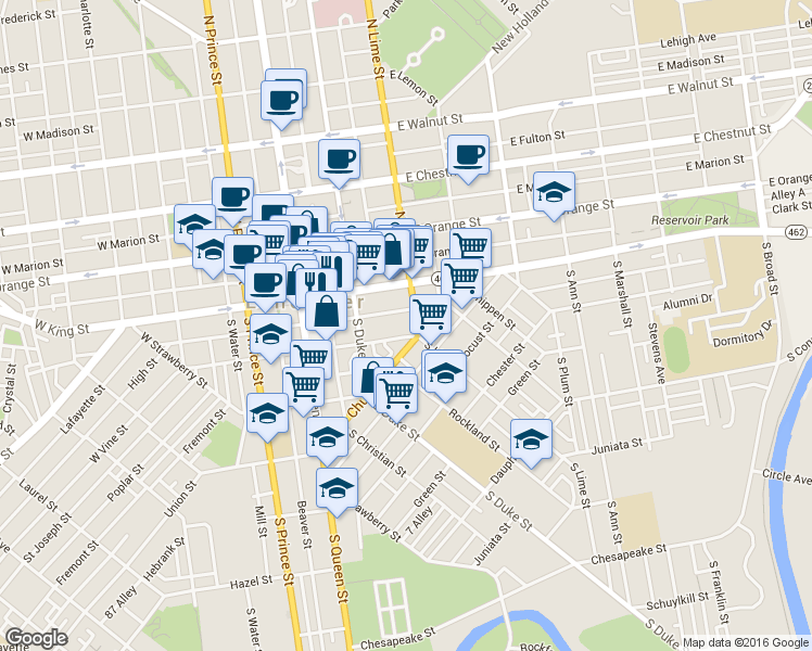 map of restaurants, bars, coffee shops, grocery stores, and more near 213 Old Trinity Place in Lancaster