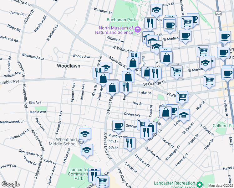 map of restaurants, bars, coffee shops, grocery stores, and more near 833 1st Street in Lancaster