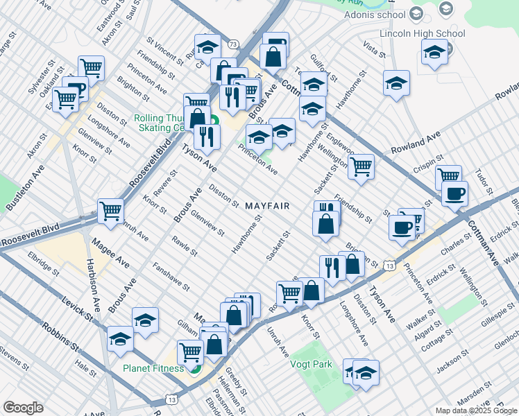 map of restaurants, bars, coffee shops, grocery stores, and more near 3036 Tyson Avenue in Philadelphia