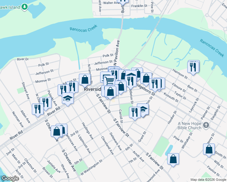map of restaurants, bars, coffee shops, grocery stores, and more near 213 South Pavilion Avenue in Riverside