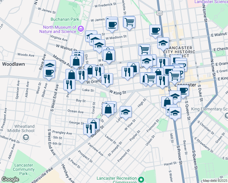 map of restaurants, bars, coffee shops, grocery stores, and more near 525 West King Street in Lancaster