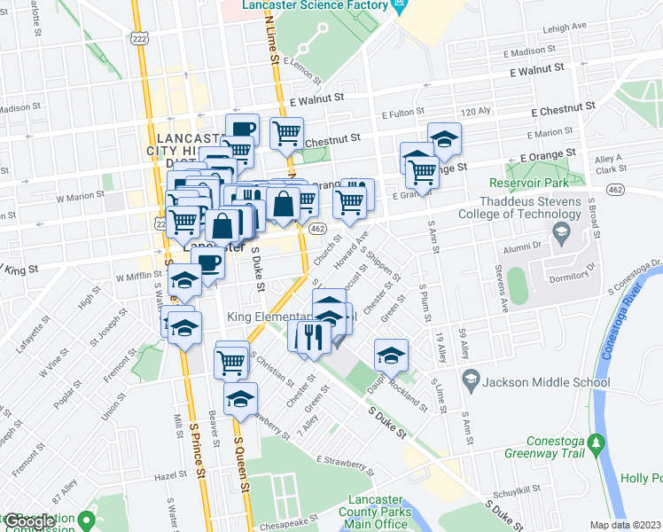 map of restaurants, bars, coffee shops, grocery stores, and more near 122 Howard Avenue in Lancaster