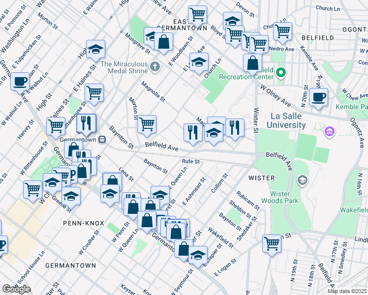 map of restaurants, bars, coffee shops, grocery stores, and more near 5313 Belfield Avenue in Philadelphia