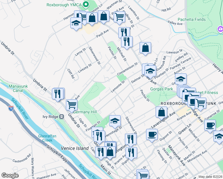 map of restaurants, bars, coffee shops, grocery stores, and more near 4900 Tibben Street in Philadelphia