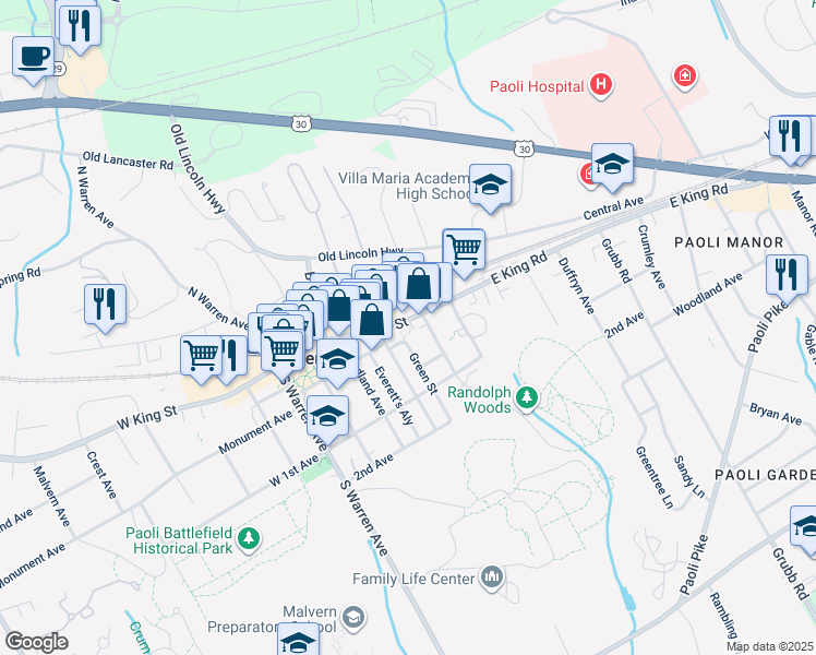 map of restaurants, bars, coffee shops, grocery stores, and more near 328 East King Street in Malvern