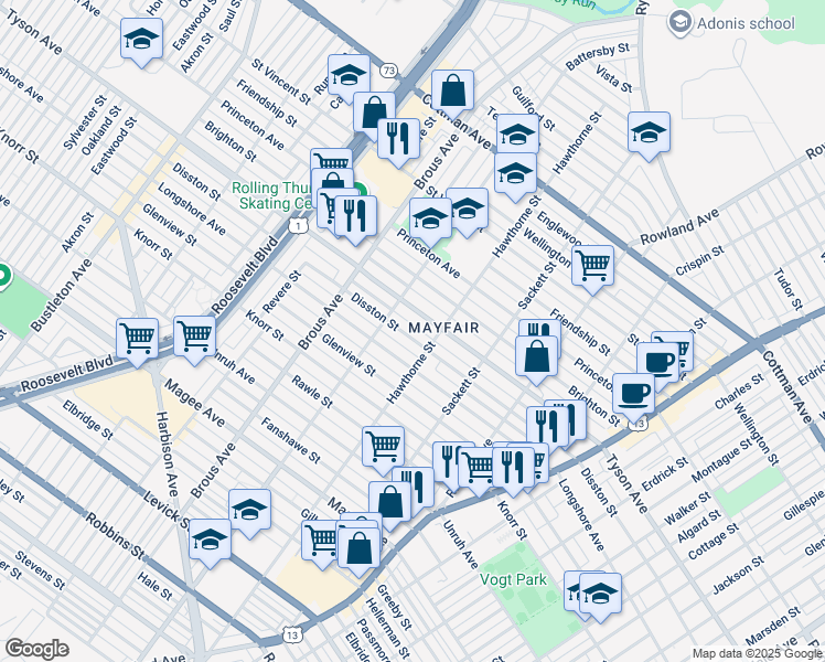 map of restaurants, bars, coffee shops, grocery stores, and more near 3029 Disston Street in Philadelphia
