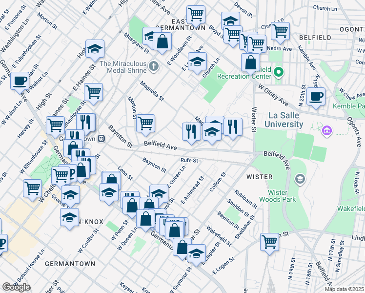 map of restaurants, bars, coffee shops, grocery stores, and more near 5313 Belfield Avenue in Philadelphia