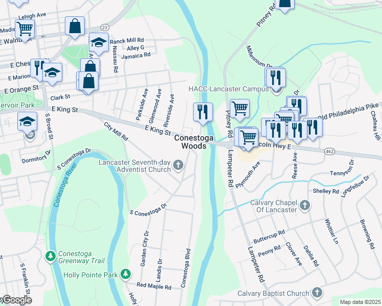 map of restaurants, bars, coffee shops, grocery stores, and more near 2 Conestoga Road in Lancaster