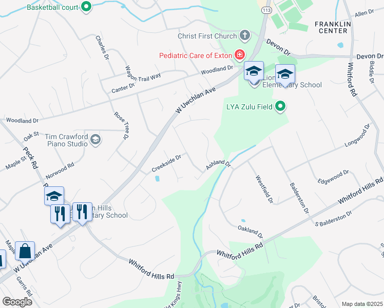 map of restaurants, bars, coffee shops, grocery stores, and more near 15 Pinewood Drive in Downingtown