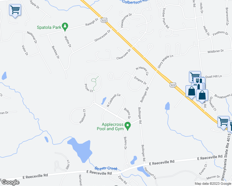 map of restaurants, bars, coffee shops, grocery stores, and more near 259 North Caldwell Circle in Downingtown