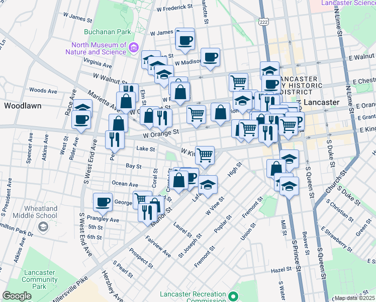 map of restaurants, bars, coffee shops, grocery stores, and more near 527 West King Street in Lancaster