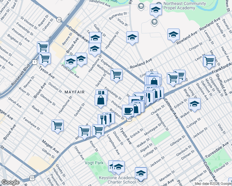 map of restaurants, bars, coffee shops, grocery stores, and more near 3359 Friendship Street in Philadelphia
