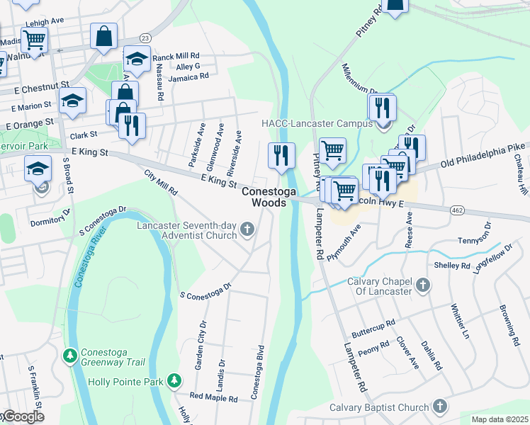 map of restaurants, bars, coffee shops, grocery stores, and more near 2 Conestoga Road in Lancaster