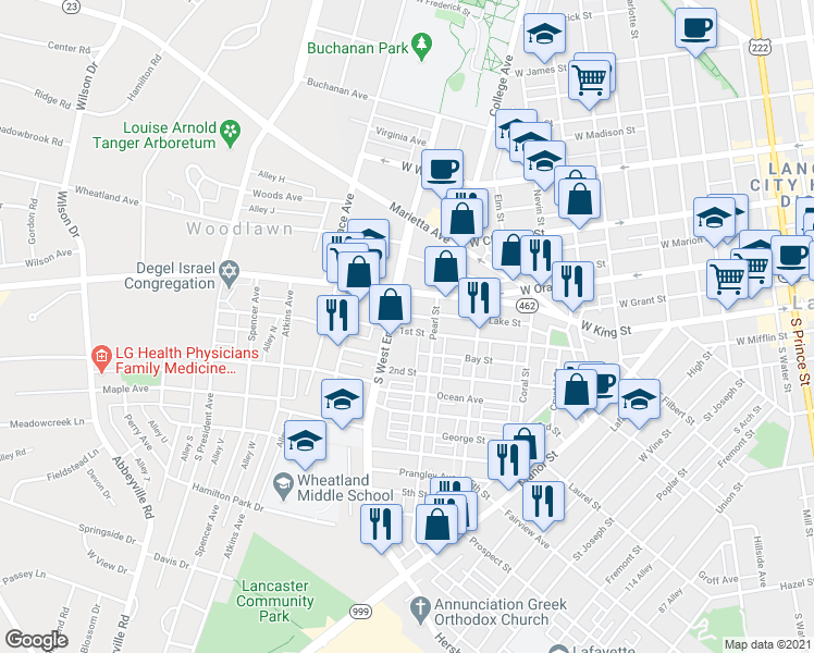 map of restaurants, bars, coffee shops, grocery stores, and more near 833 1st Street in Lancaster
