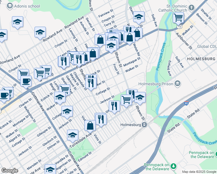 map of restaurants, bars, coffee shops, grocery stores, and more near 7800 Cottage St in Philadelphia