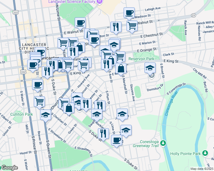 map of restaurants, bars, coffee shops, grocery stores, and more near 37 Green Street in Lancaster