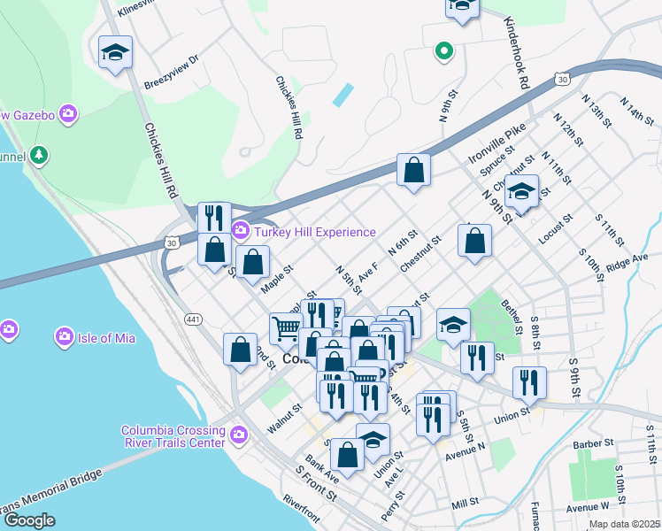 map of restaurants, bars, coffee shops, grocery stores, and more near 312 North 5th Street in Columbia