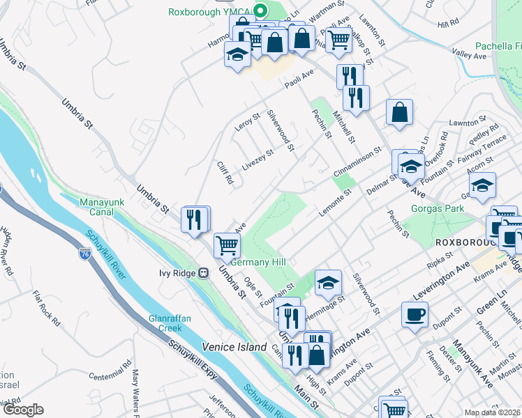 map of restaurants, bars, coffee shops, grocery stores, and more near 223 Parker Avenue in Philadelphia