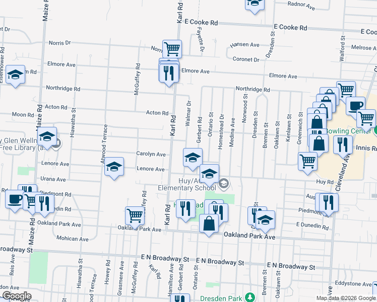 map of restaurants, bars, coffee shops, grocery stores, and more near 3456 Walmar Drive in Columbus