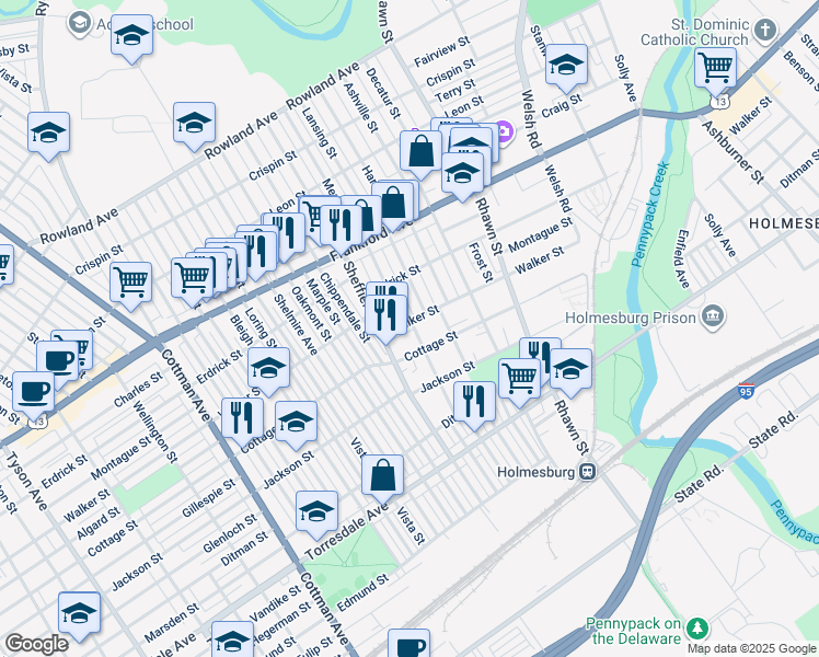 map of restaurants, bars, coffee shops, grocery stores, and more near 7735 Walker Street in Philadelphia
