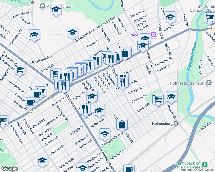 map of restaurants, bars, coffee shops, grocery stores, and more near 4231 Oakmont Street in Philadelphia