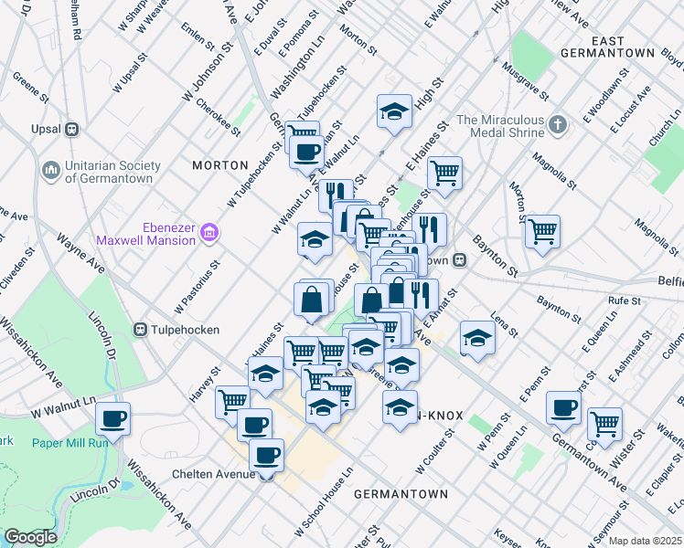 map of restaurants, bars, coffee shops, grocery stores, and more near 35 W Rittenhouse St in Philadelphia