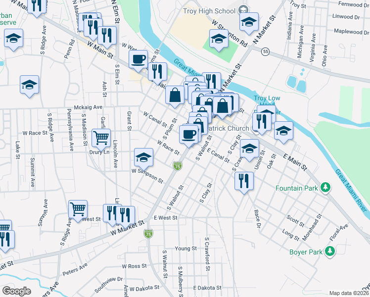 map of restaurants, bars, coffee shops, grocery stores, and more near 305 South Market Street in Troy