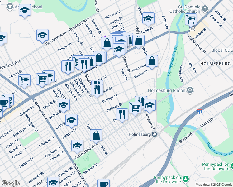 map of restaurants, bars, coffee shops, grocery stores, and more near 7802 Cottage Street in Philadelphia
