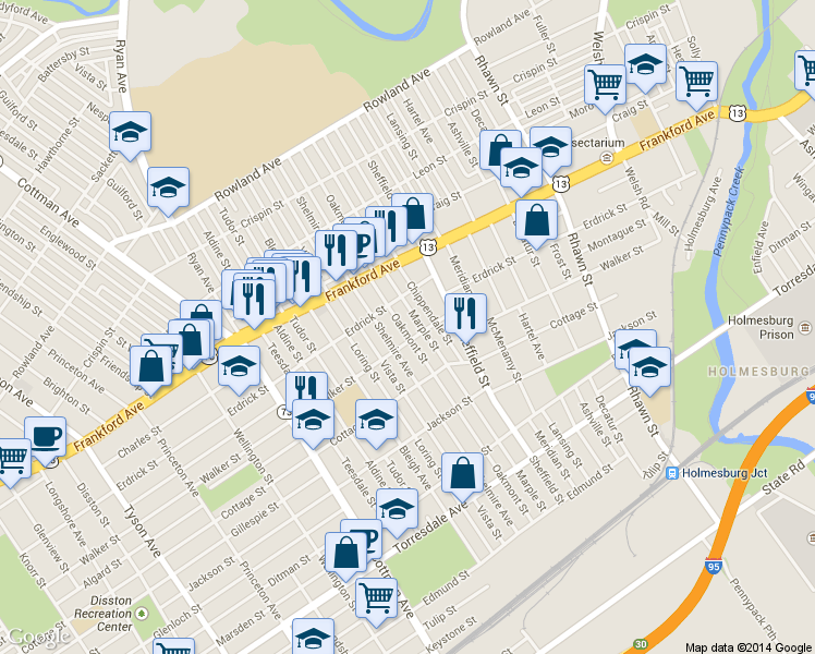 map of restaurants, bars, coffee shops, grocery stores, and more near 4231 Oakmont Street in Philadelphia